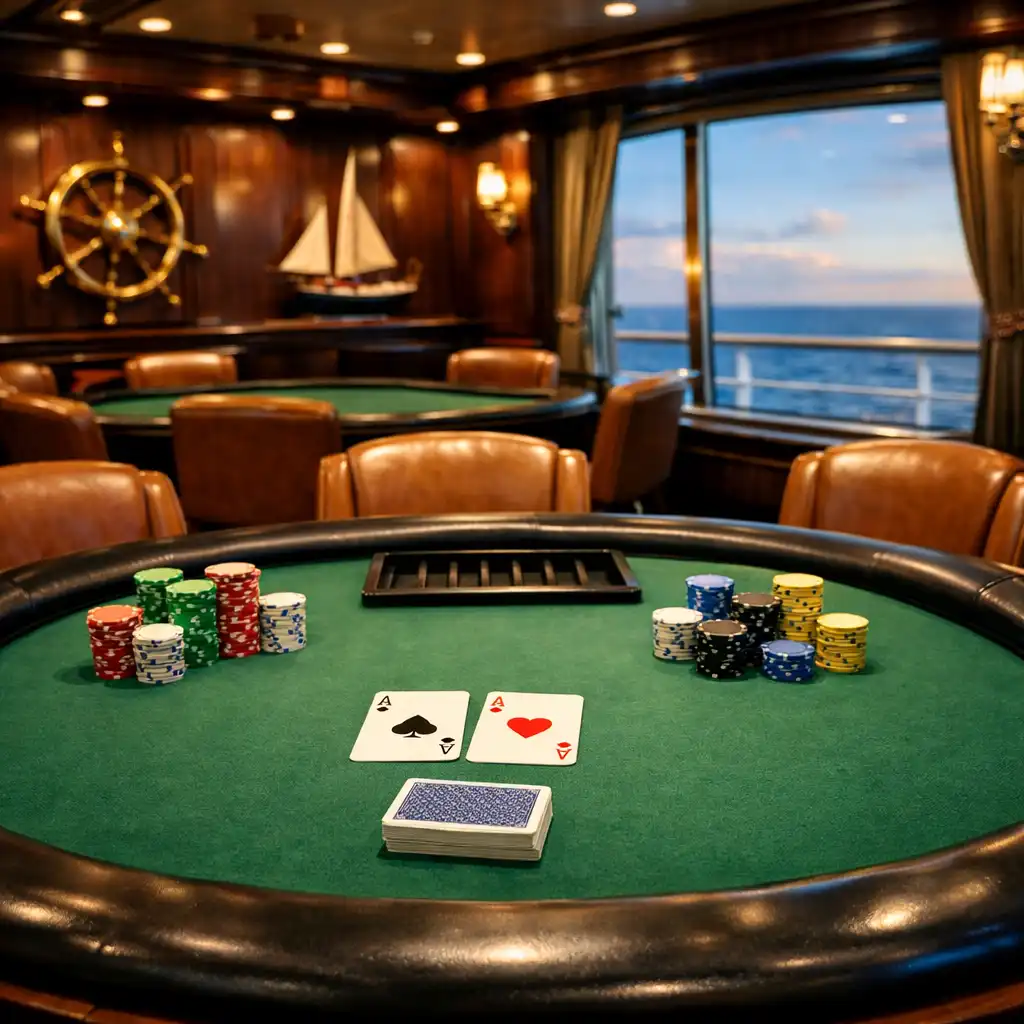 Wnętrze nowoczesnego Poker Roomu na statku wycieczkowym z zielonym stołem, żetonami i widokiem na morze