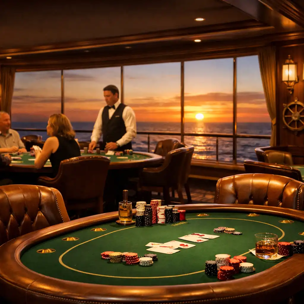 Elegancki Poker Room na statku wycieczkowym z panoramicznym widokiem na ocean o zachodzie słońca