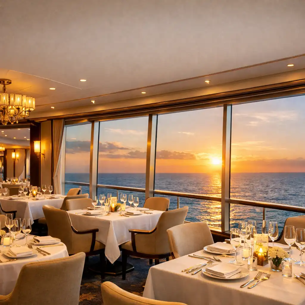 Elegancka restauracja na statku wycieczkowym z nakrytymi stołami i panoramicznymi oknami z widokiem na morze